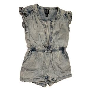 Adorable Gap Baby Jean Denim blue ruffle sleeve Shorts Top Romper Girls Size 2T